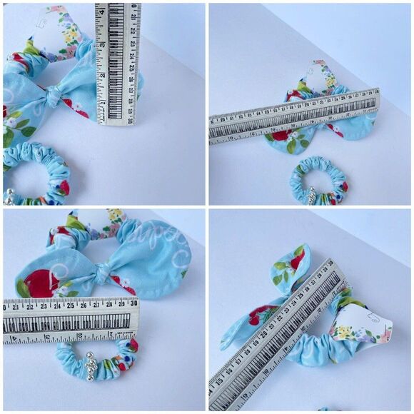 2 New Bow Scrunchie Hair Tie Blue Floral Cotton - Picture 10 of 12